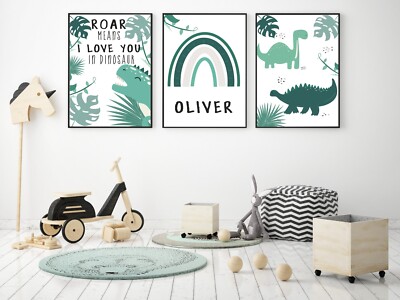 Personalisierter Wandbilddruck Dinosaurier Junge Schlafzimmer A3 Regenbogen Kinderzimmer Dschungel grün