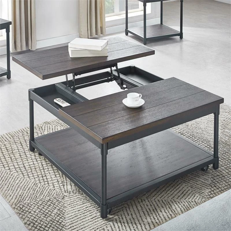Bowery Hill Smokey Oak and Black Metal Lift Top Square Cocktail