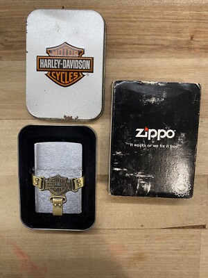 Harley Davidson In Zippo Bootstrap Brass Original  TinAnd Cover 