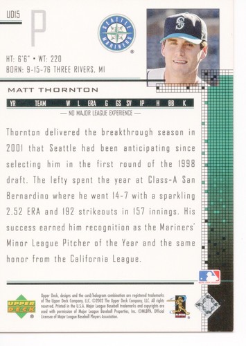 2002 UPPER DECK UD PLUS HOBBY #UD15 MATT THORNTON #0842/1125 - Picture 2 of 2