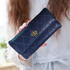 Classic Argyle Embroidery Wallet Women Folding Long Money Clip Clutch Bag blue