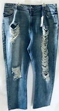 Boohoo Women's Plus Extreme Rip Riggid Mom Jeans US 18 Mid Blue  NWT