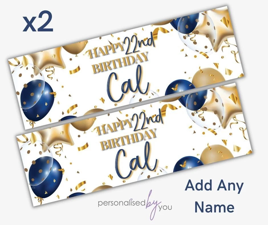 MADVINYL 2 x Personalised HAPPY BIRTHDAY Banners LARGE Party Posters Navy & GOLD 900x300
