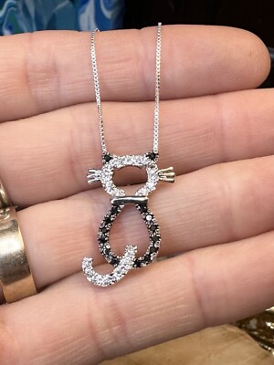 Süße Kätzchen Katze Lab Created Saphir & schwarzer Spinell 925 Silber 18 Zoll Halskette