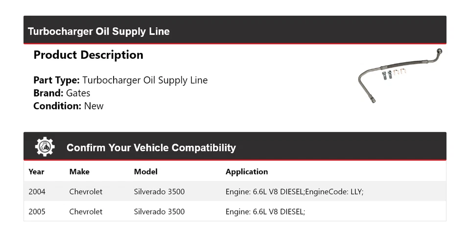 Puertas de línea de suministro de aceite turbocompresor para Chevrolet Silverado 3500 2004-2005 Foto 2 de 3