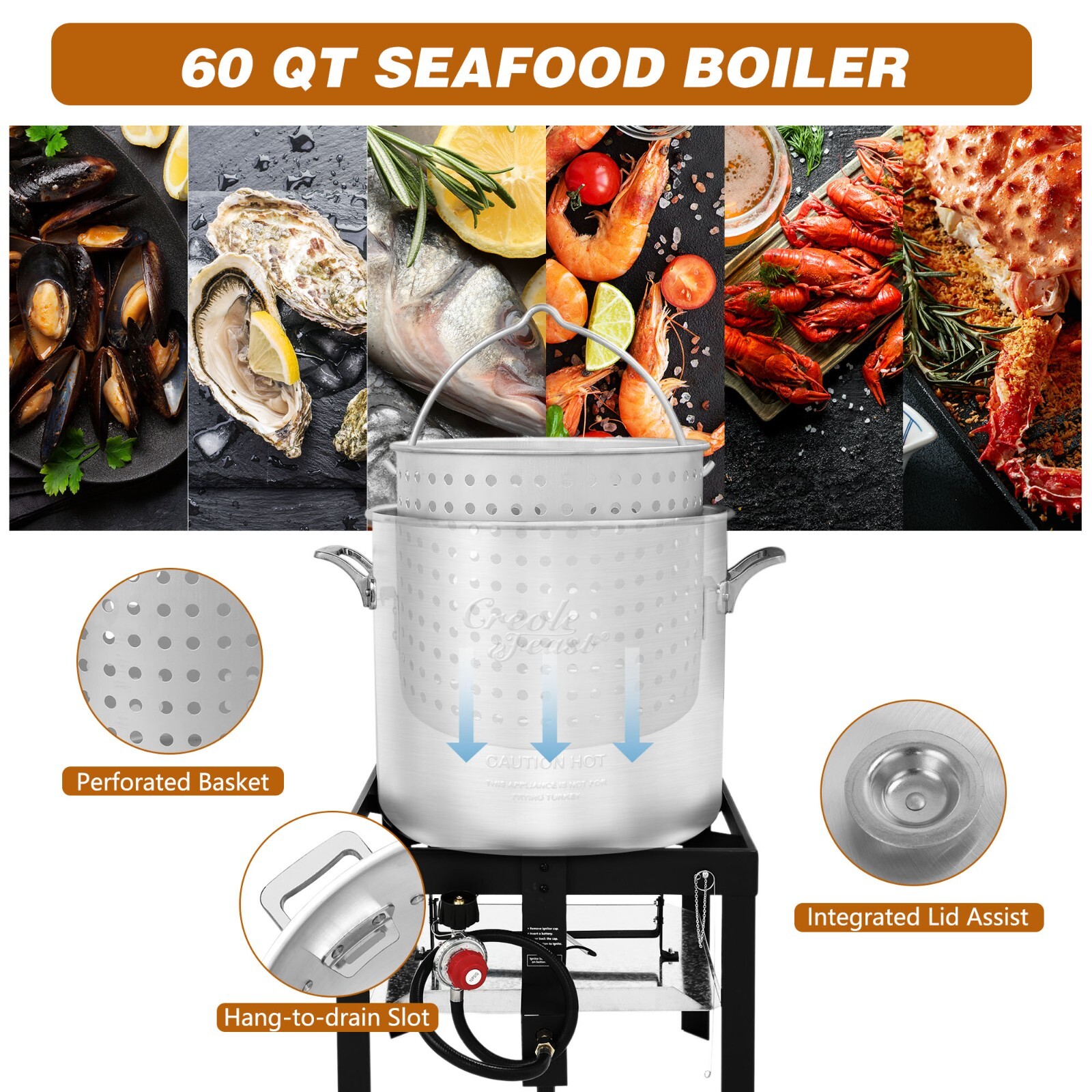 60 QT Seafood Boiling Kit with Strainer,10 PSI Regulator, 100,000 BTU ...