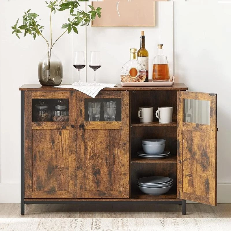 Rustic Sideboard Storage Cabinet with Glass Doors Industrial Buffet Unit - Image 2 of 4