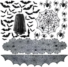 6 Pack Halloween Decorations Tablecloth Set, Black Lace Table Runner Round