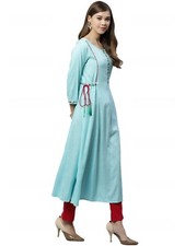 YASH GALLERY Women's Sky-Blue Rayon Embroidered A-line Kurta with Pant Set