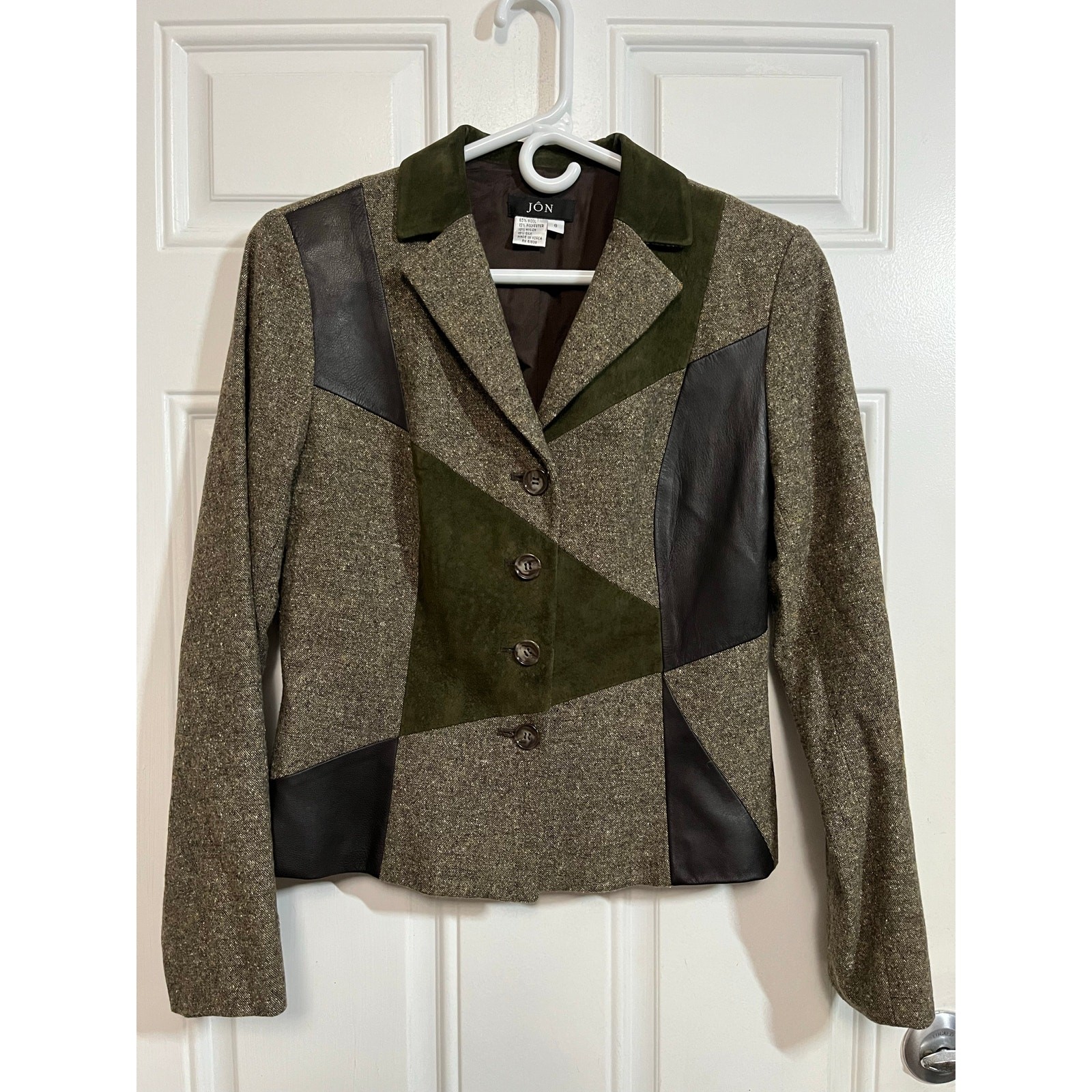 Patchwork Blazer Wool Leather Womens 8 Structured… - image 2