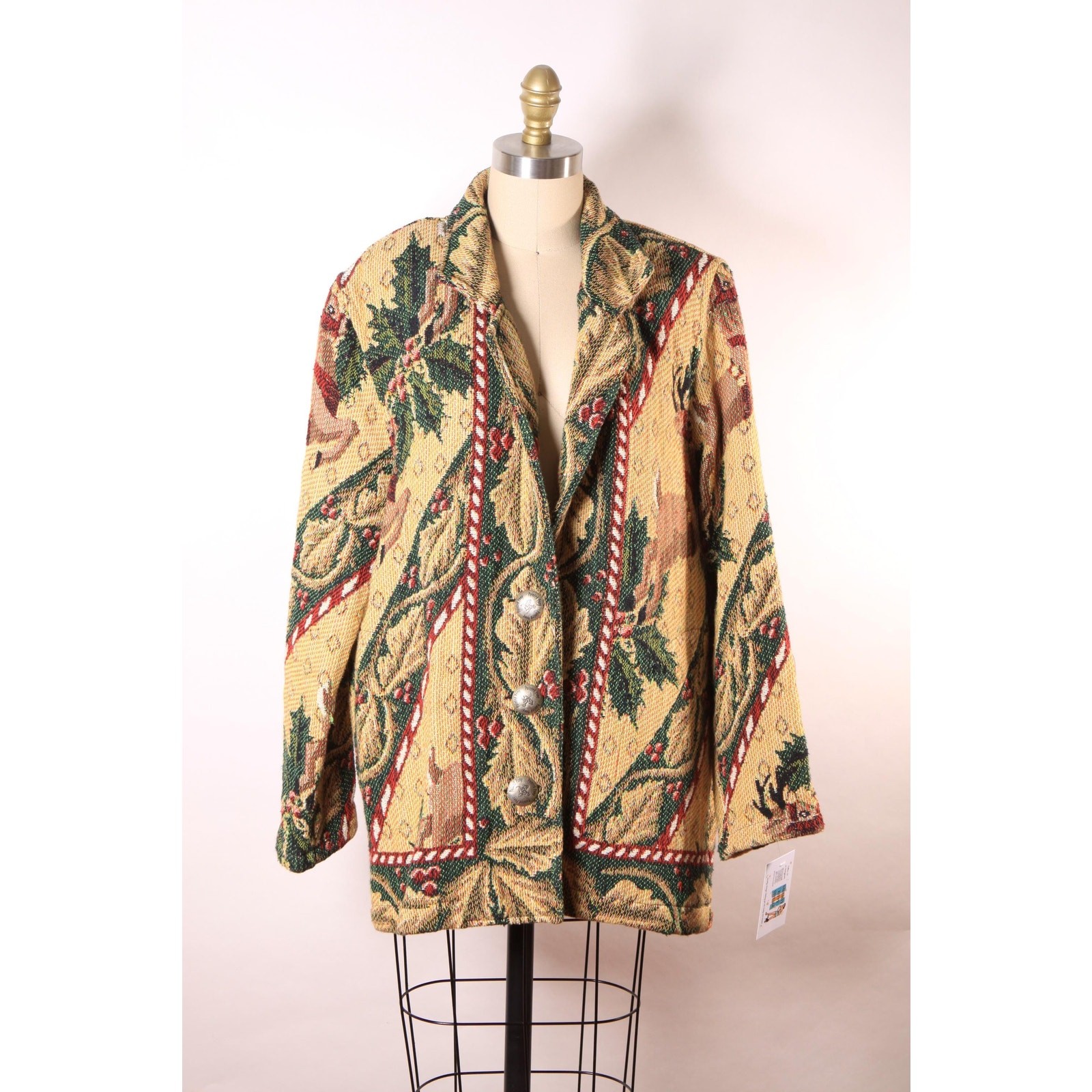 1980s 1990s Tan Red Green Novelty Deer Christmas Tapestry Jacket by Painted Pony