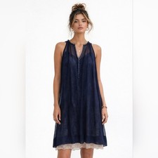 BCBGMaxAzria Vintage Y2K Navy Silk Sheer Slip Dress Lace Overlay Size 4 Romantic