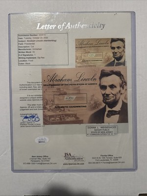 Abe Lincoln Piece Of Handwriting W/JSA Cert