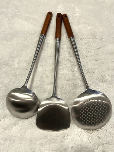 Stainless Steel Wok Spatula Ladle Tool Set Long Handle 17inches Kitchenware NEW - Afbeelding 2 van 8