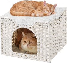Cat Beds Indoor Kitten House, Handwoven Rattan Cat Cave Pet Cube, Large Cat Hous