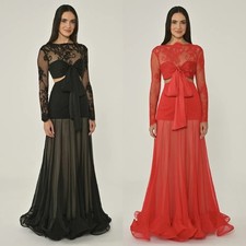 Organza Bow Lace O-Neck A-line Evening Dress Elegant Long Sleeves Prom Dress