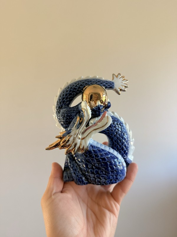 Blue White Gold Dragon Ceramic Figurine Made in Japan 3D Effect Glossy Finish