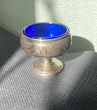 Victorian Open Salt Dish Cobalt Blue Glass Liner Solid SIGNED Sterling Silver C3