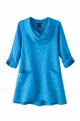 NWT Ali Miles Blue Sleeveless Cowl Neck Tunic Size Medium Linen Lagenlook Boho