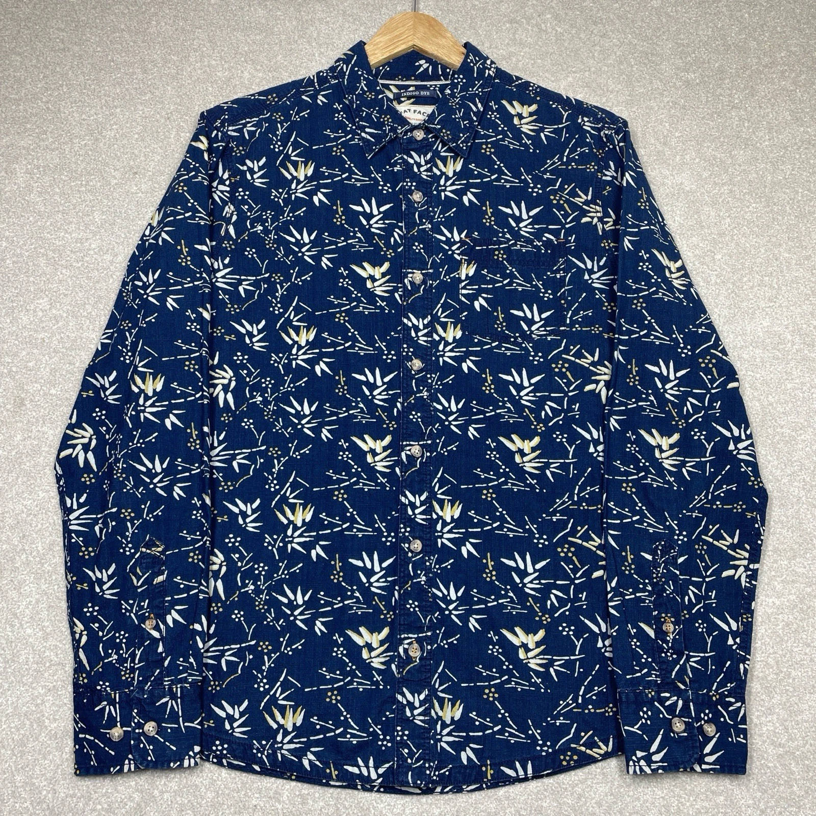 Fat Face Indigo Dye Shirt Long Sleeve Navy Bamboo Design 100% Cotton Men’s L