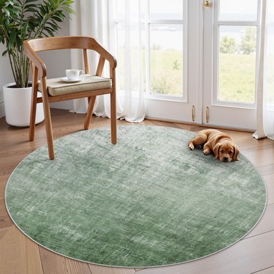 Abstract Green Round Rug 4ft Round Area Rug, Boho Washable Soft Rugs for Bedr...