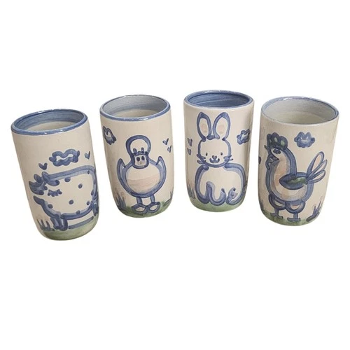 RARE M A Hadley Pottery 5" Drinking Glass Julep Cup Mug SET OF 4 Animals READ