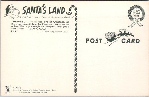 c1960s SANTA'S LAND U.S.A. Postcard Putney Vermont Christmas Theme Park / unbenutzt - Bild 2 von 2