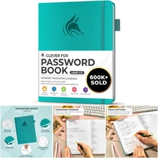 Clever Fox Aquamarine Password Book Alphabetic Tabs Large Secure