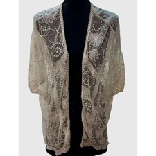 Boho Sheer Lace Kimono Cardigan Floral Embroidered Open Front Cream Large