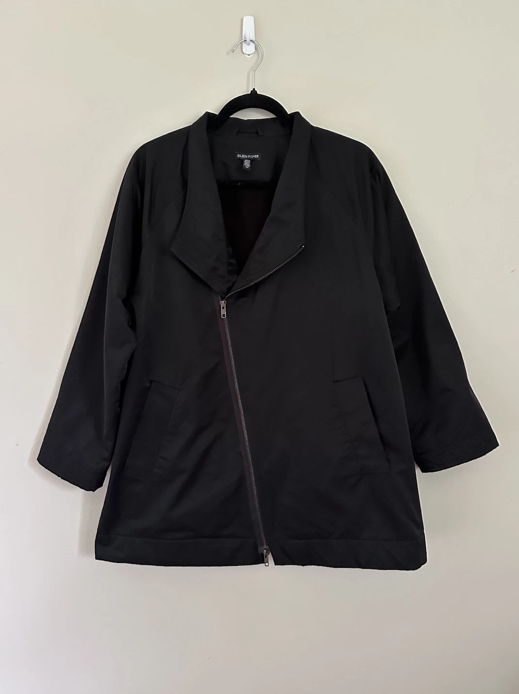 Eileen Fisher Black Jacket Asymmetrical Zip Organic Cotton SM Petite Minimalist