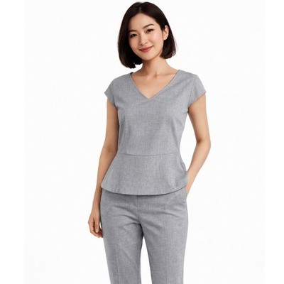 The Limited Gray V-Neck Peplum Blouse Cap Sleeve S Modern Preppy Academia 56-41