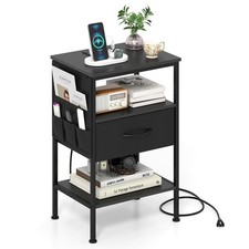 Nightstand with Charging Station, 24.5" Modern Bedside Table with Fabric Drawer