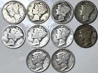 1917 - 1944 Mercury Dime Lot - 10 Coins - 90% Silver