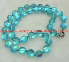 8/10/12mm Blue Gleamy Rainbow Moonstone Round Gems Beads Necklaces 18-36''