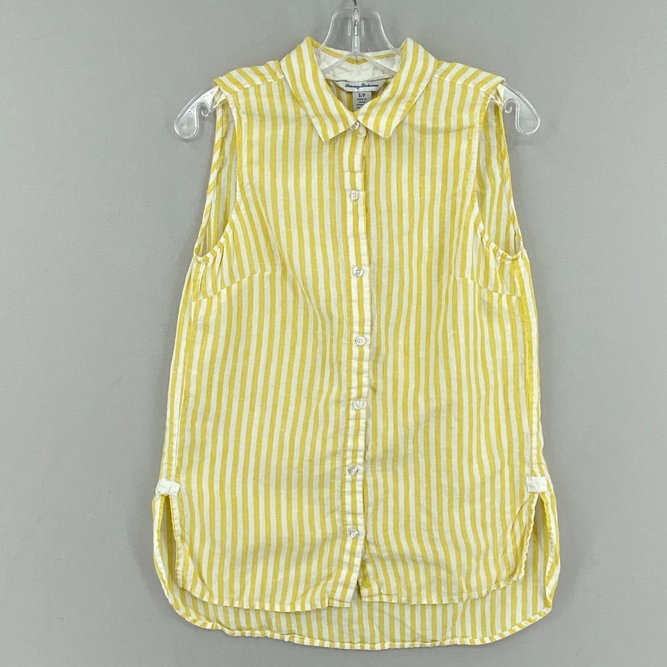 Túnica Tommy Bahama de lino sin mangas con botones para mujer pequeña amarilla blanca a rayas Foto 2 de 4