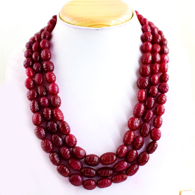 816.00 Cts Earth Mined 3 Strand Red Ruby Oval Carved Beads Necklace NK- 06MK4