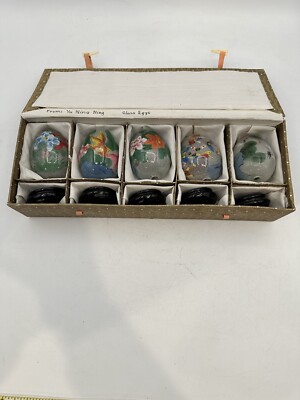 Reverse Painted Blown Glass Eggs With Wooden Presentation Stands Set Of 5