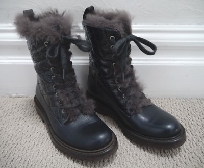 NEW BRUNELLO CUCINELLI $1950 dark blue leather fur lined lace-up boot Italian 37