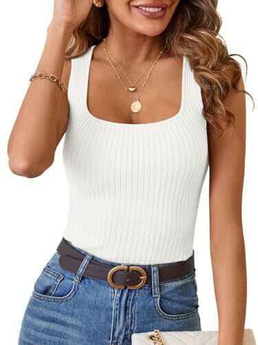 Women's Ribbed Tank Tops Knit Square Neck Sleeveless Shirts Medium White