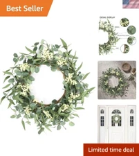 Vibrant -Round Eucalyptus Wreath with White Accents for Front Door Charm