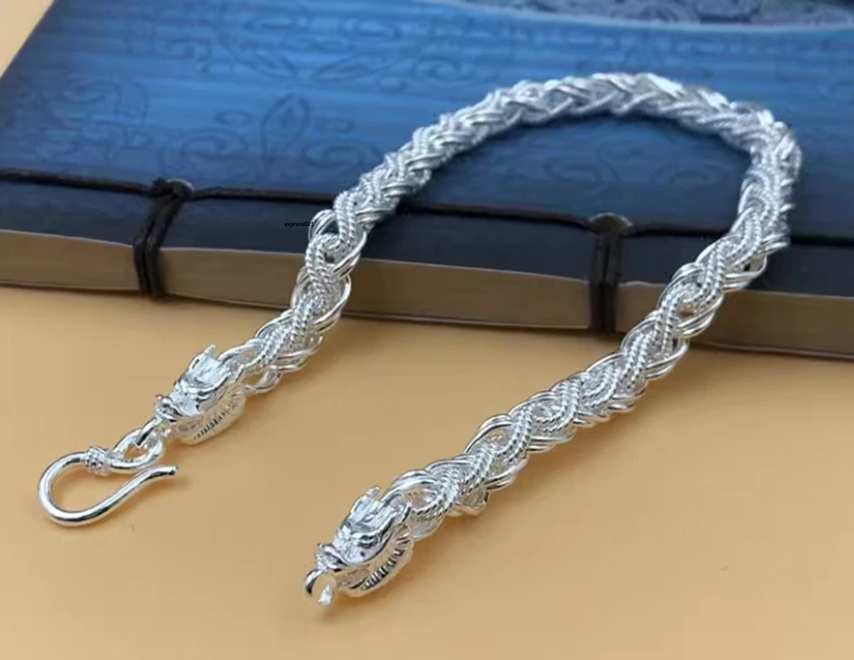 Pure 999 Fine Silver Chain Men Dragon Head Braided Wheat Bracelet 20-21g/8.2inch - Image 4 of 4