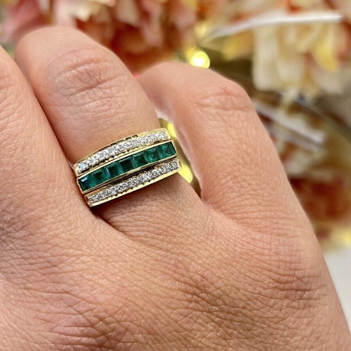 3Ct Princess Simulated Green Emerald Wedding Band Ring In 14K Yellow Gold Plated - Picture 3 of 4