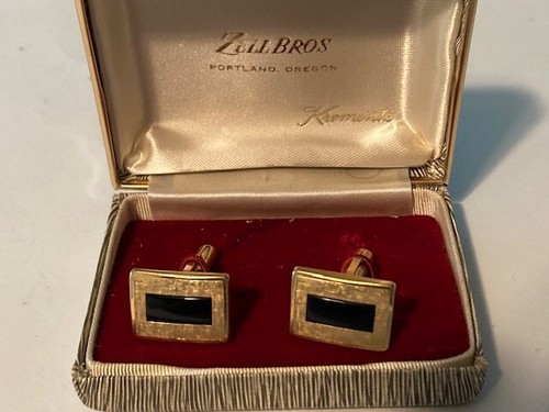 VTG FINE CONDITION PAIR OF MEN'S GOLD TONE & BLACK KREMENTZ CUFFLINKS WITH BOX - 第 1/4 張圖片