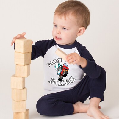 Motorcycle motorbike mad on bikes navy pyjamas baby toddler kids set customise
