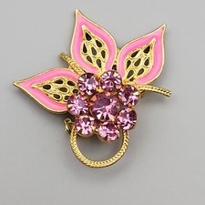 Gold Tone Pink Enamel Leaves brooches rhinestone Center Open Vintage Flower