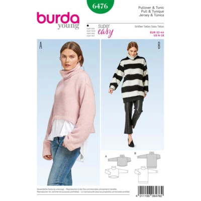 Burda 6476 Pullover & Tunika Misses Nähmuster Größen 6 - 18 Skill: Super Einfach - Bild 1 von 4
