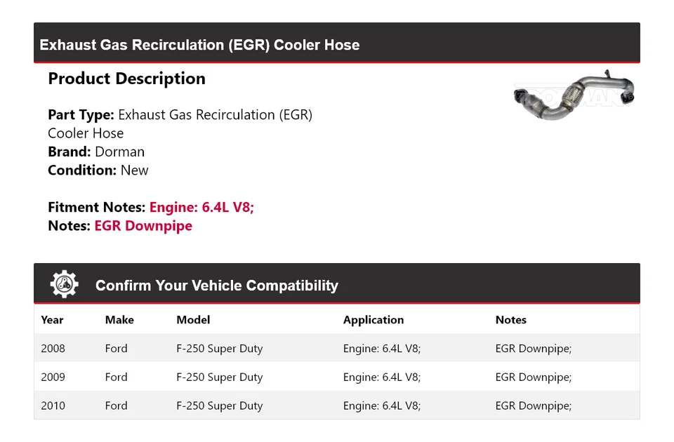 Manguera de refrigeración Dorman EGR 2009 para Ford F-250 Super Duty 2008-2010 6,4 L V8 Foto 2 de 4