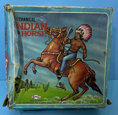 Vintage Wind Up Tin Litho Mechanical Indian On Horse w/Box - Made