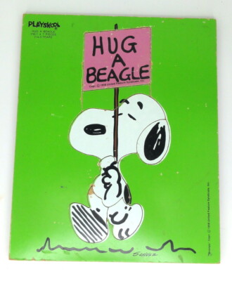 Playskool Wood Tray Puzzle #230-1 Hug A Beagle Snoopy Sign 7 Pieces 1958 Schulz
