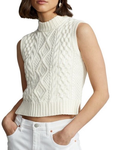 Polo Ralph Lauren Sleeveless CableKnit Sweater Vest Cream Chunky Mock Neck XS